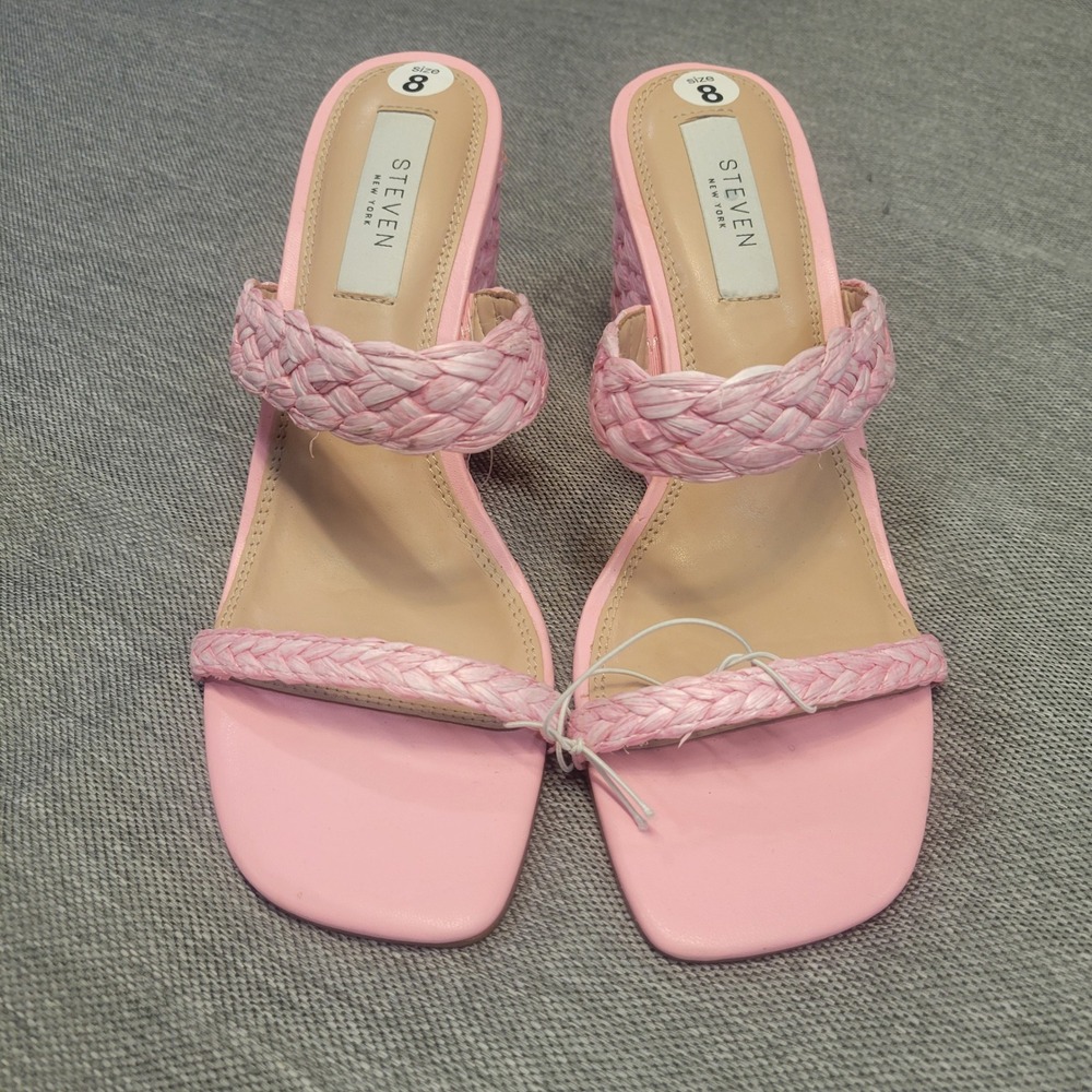 Steven New York Pink Raffia Wedge Sandals Braided Square Toe Mules Womens 8M
